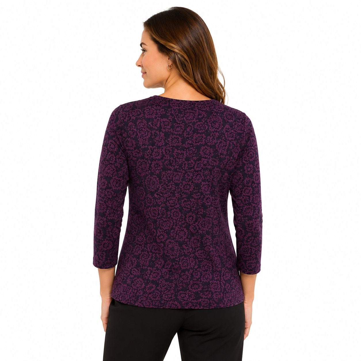 Anne Klein brand blouse has a dark floral design