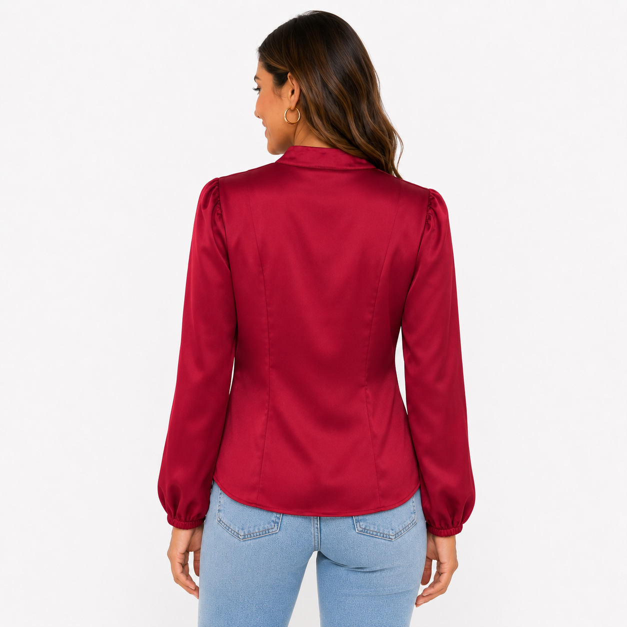 Anne Klein brand satin blouse stands out for its vibrant red color