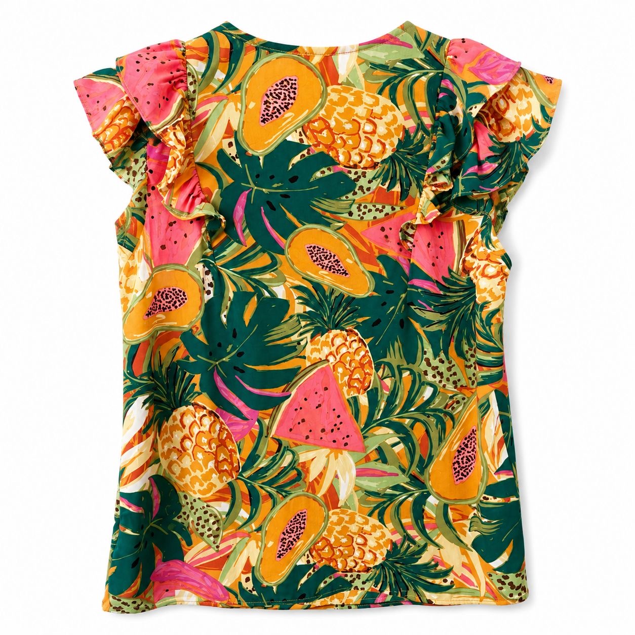 DR2 blouse printed with a colorful tropical design and ruffled sleeves