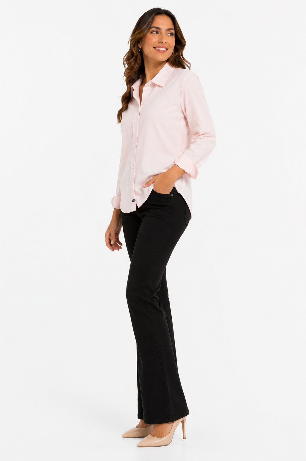 U.S. POLO ASSN. Pink button-down shirt for women is from the U.S. Polo Assn brand