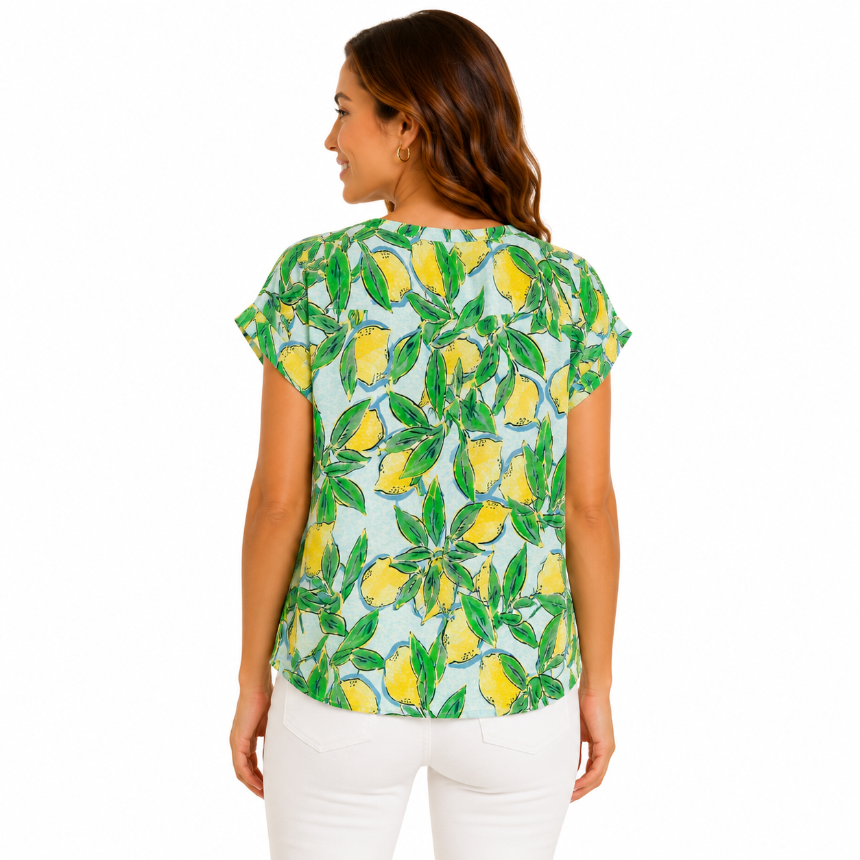 Isaac Mizrahi linen t-shirt has a vibrant yellow lemon print