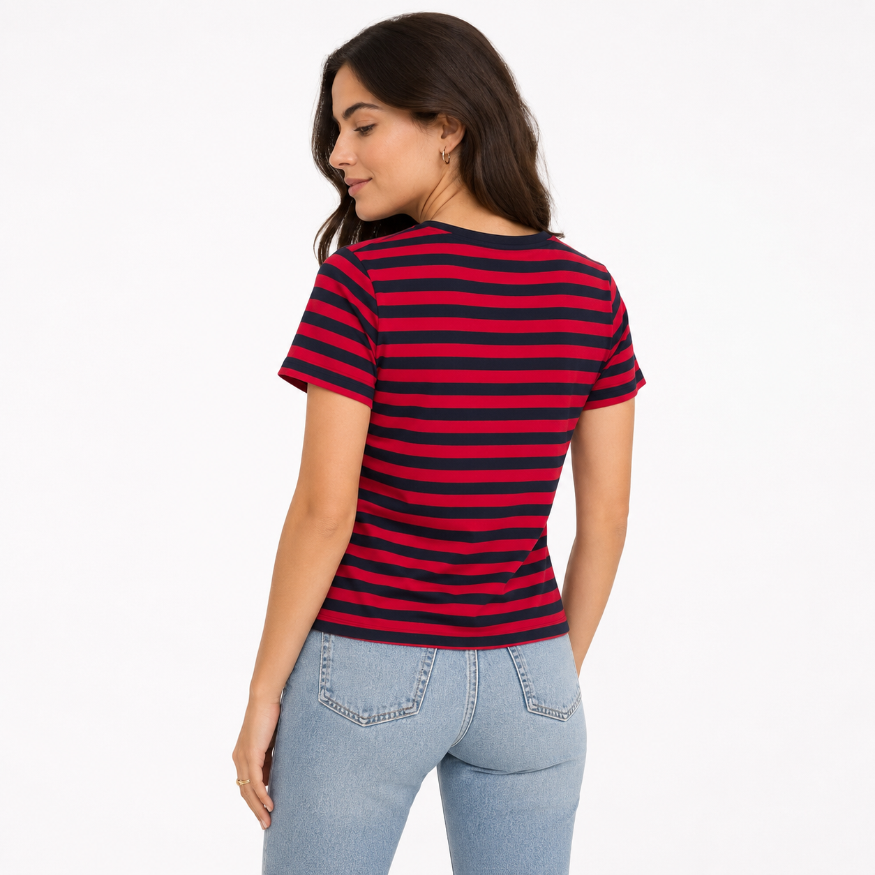 Nautica women's t-shirt features a red and navy blue striped design