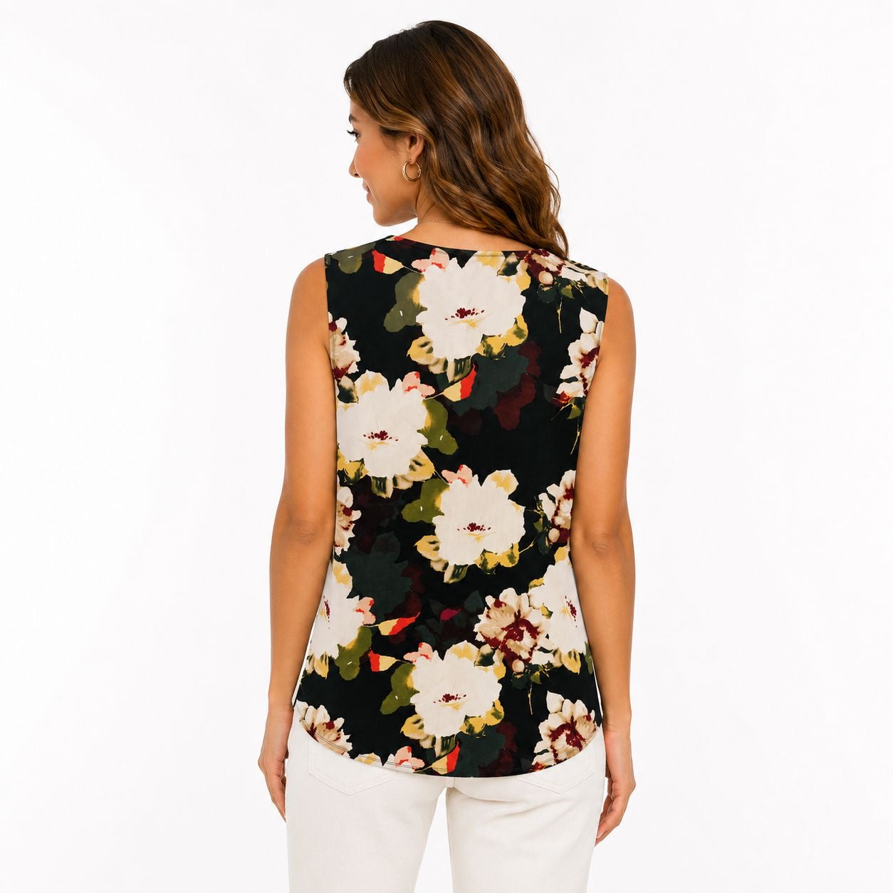 Rose & Olive sleeveless blouse features a vibrant floral print