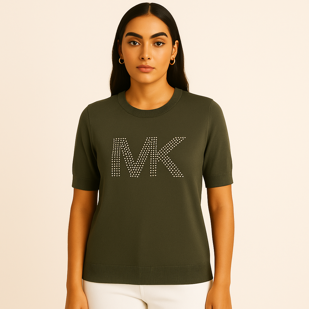 Michael Kors Women's Army Green Gold Studded Logo Top T-Shirt