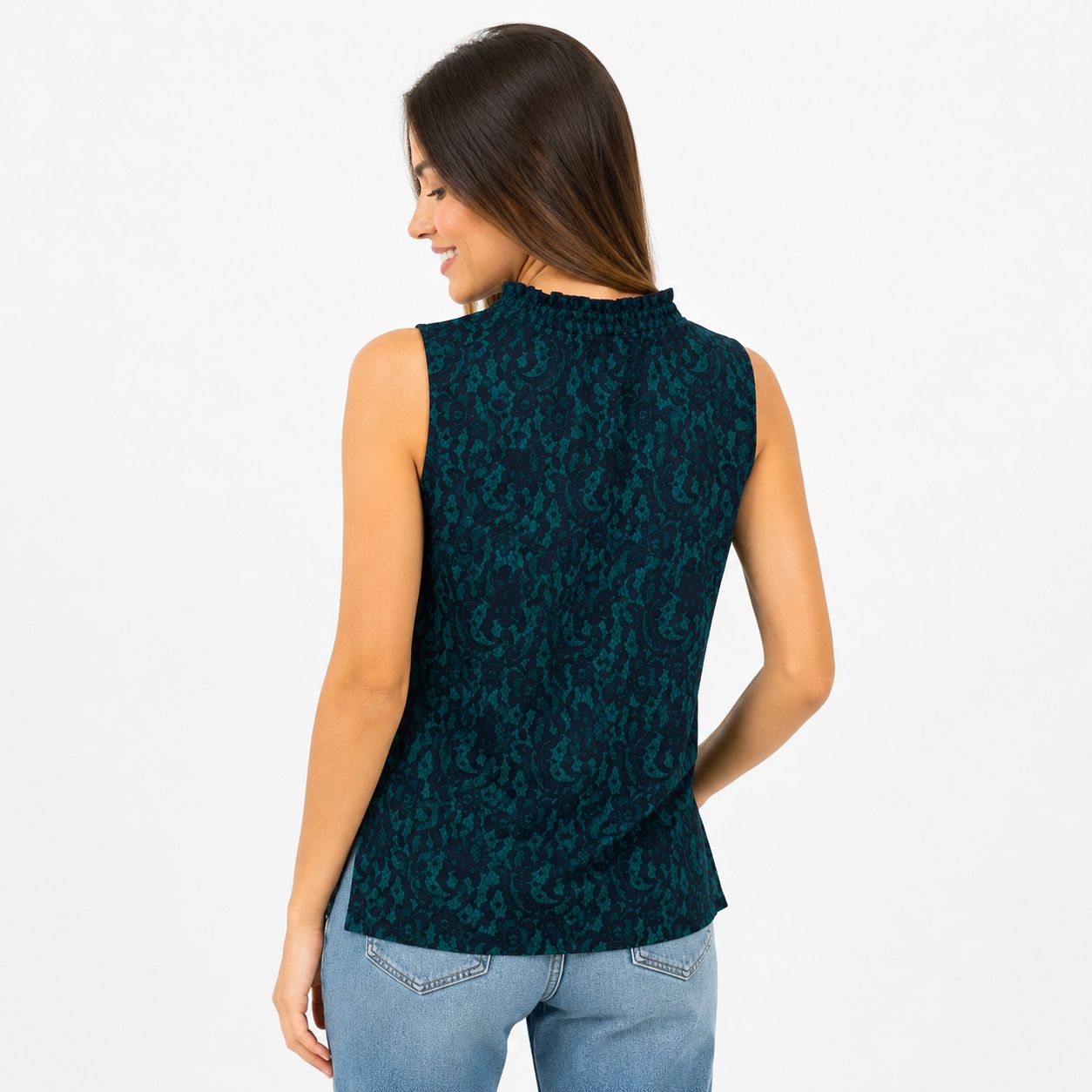 Michael Kors sleeveless blouse features a green lace print