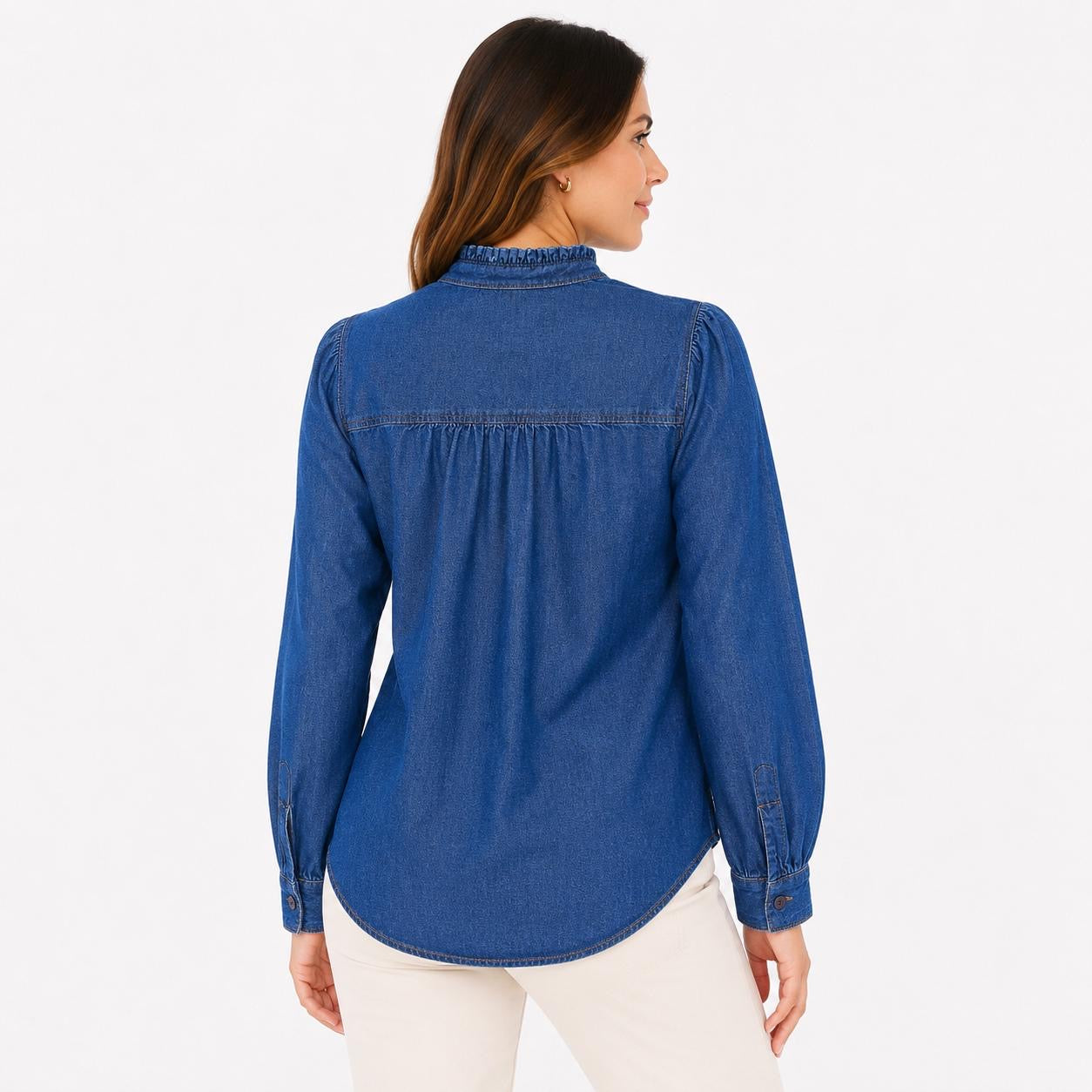 Tommy Hilfiger denim shirt stands out for its high collar with ruffles