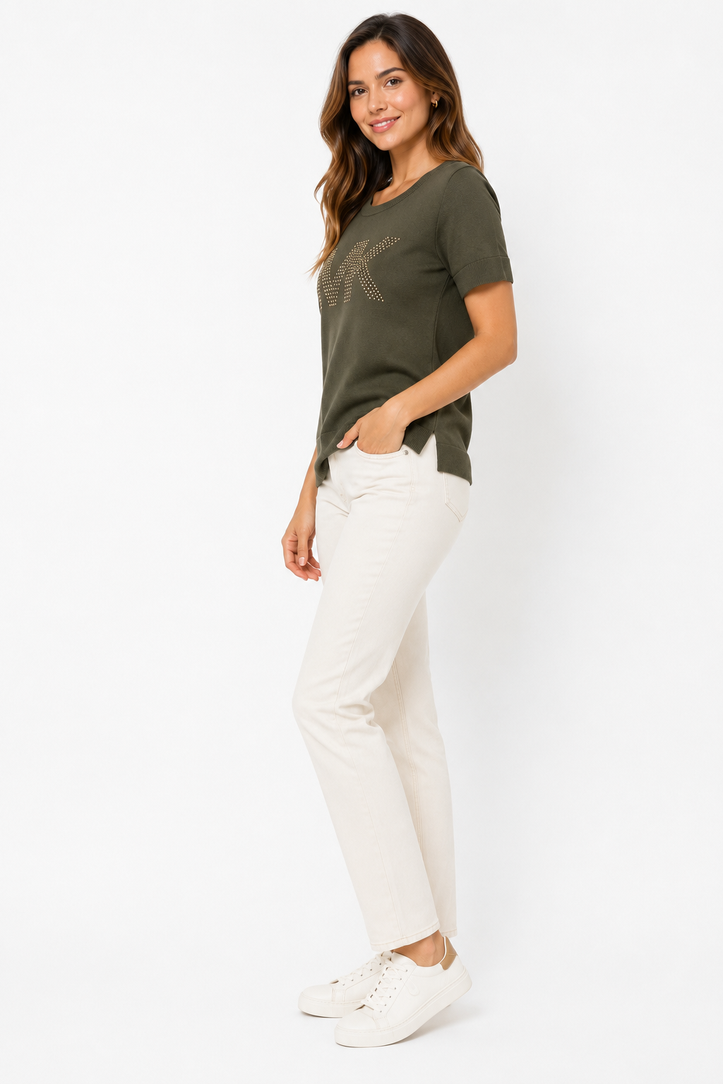 Michael Kors Women's Army Green Gold Studded Logo Top T-Shirt