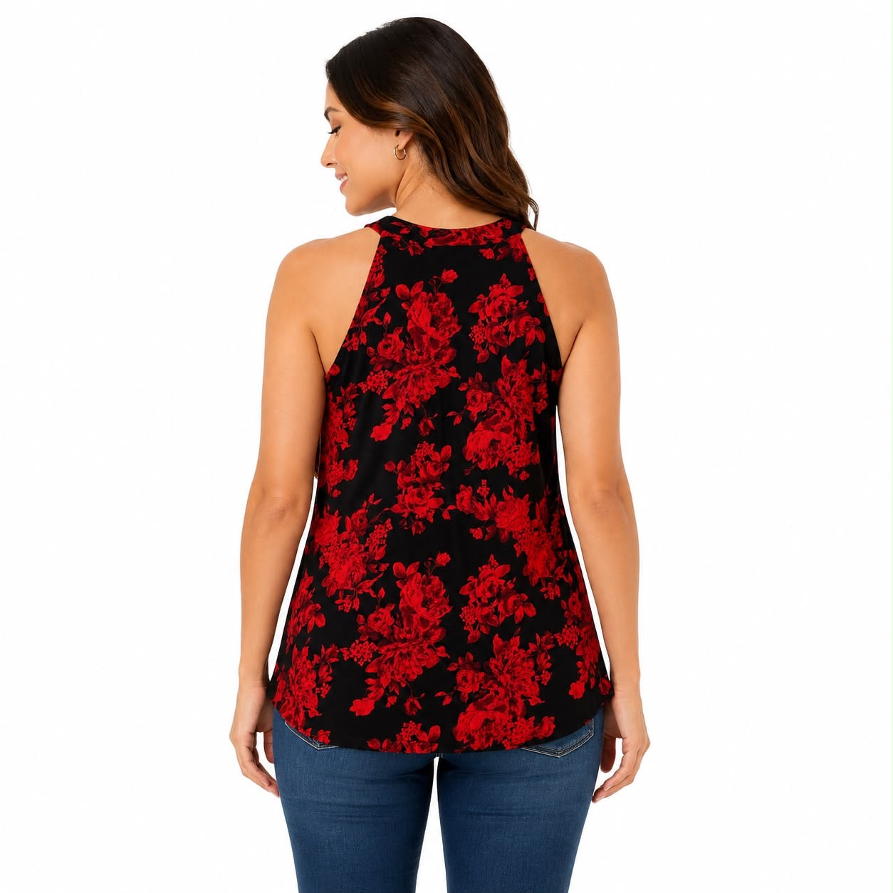 Diana Belle brand blouse presents a bold red floral print