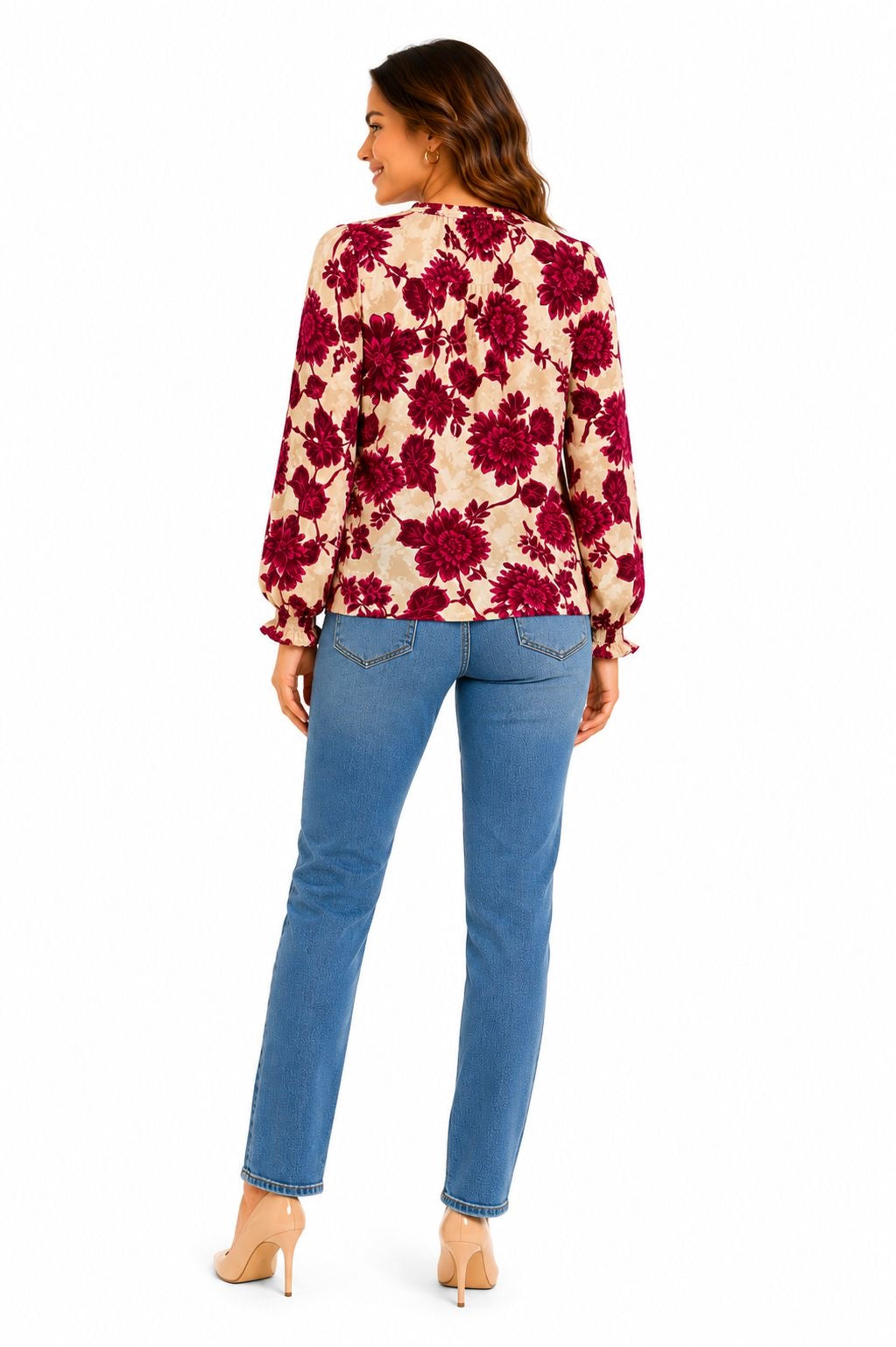 Cupio Floral Print Ruffle Neck Top