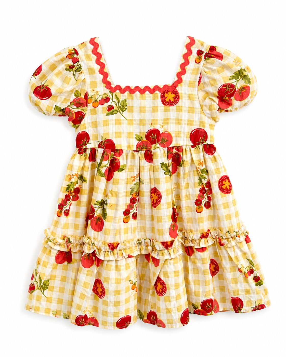 CYNTHIA ROWLEY-Children's dress with tomato print and gingham pattern