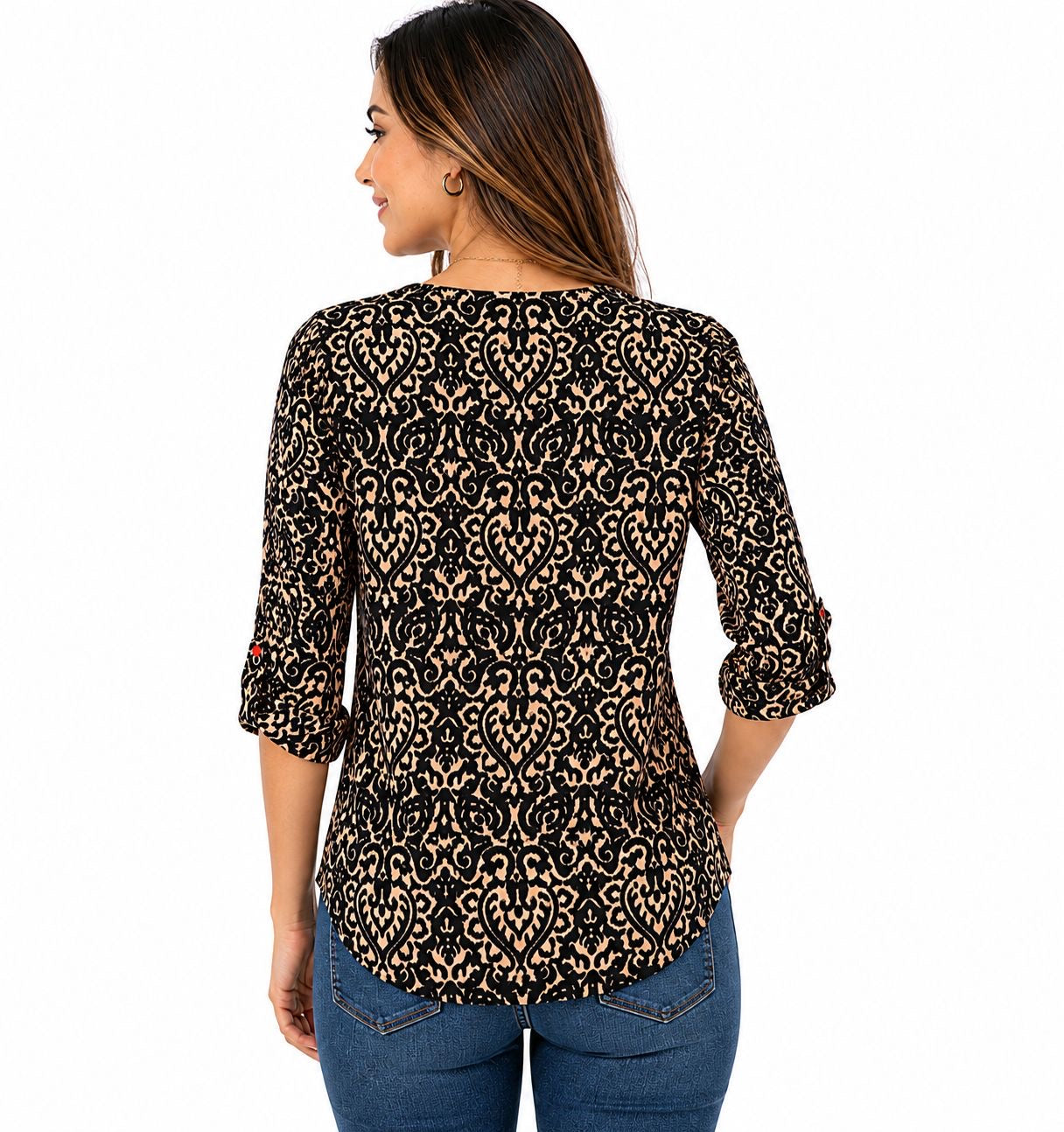 Emily Daniels blouse with damask print in black and beige tones