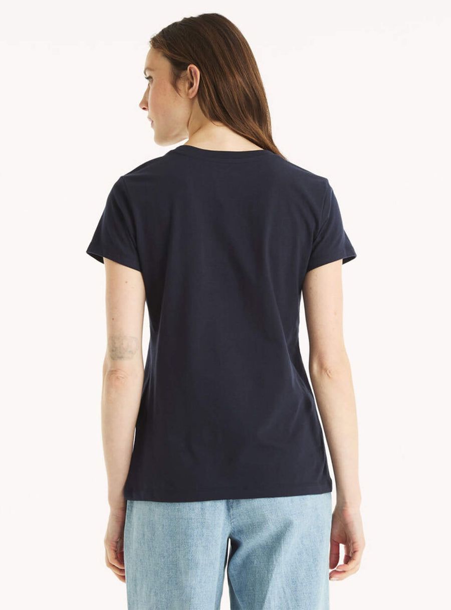 Náutica Navy Blue Metallic Print Women's Round Neck Stainably Crafted