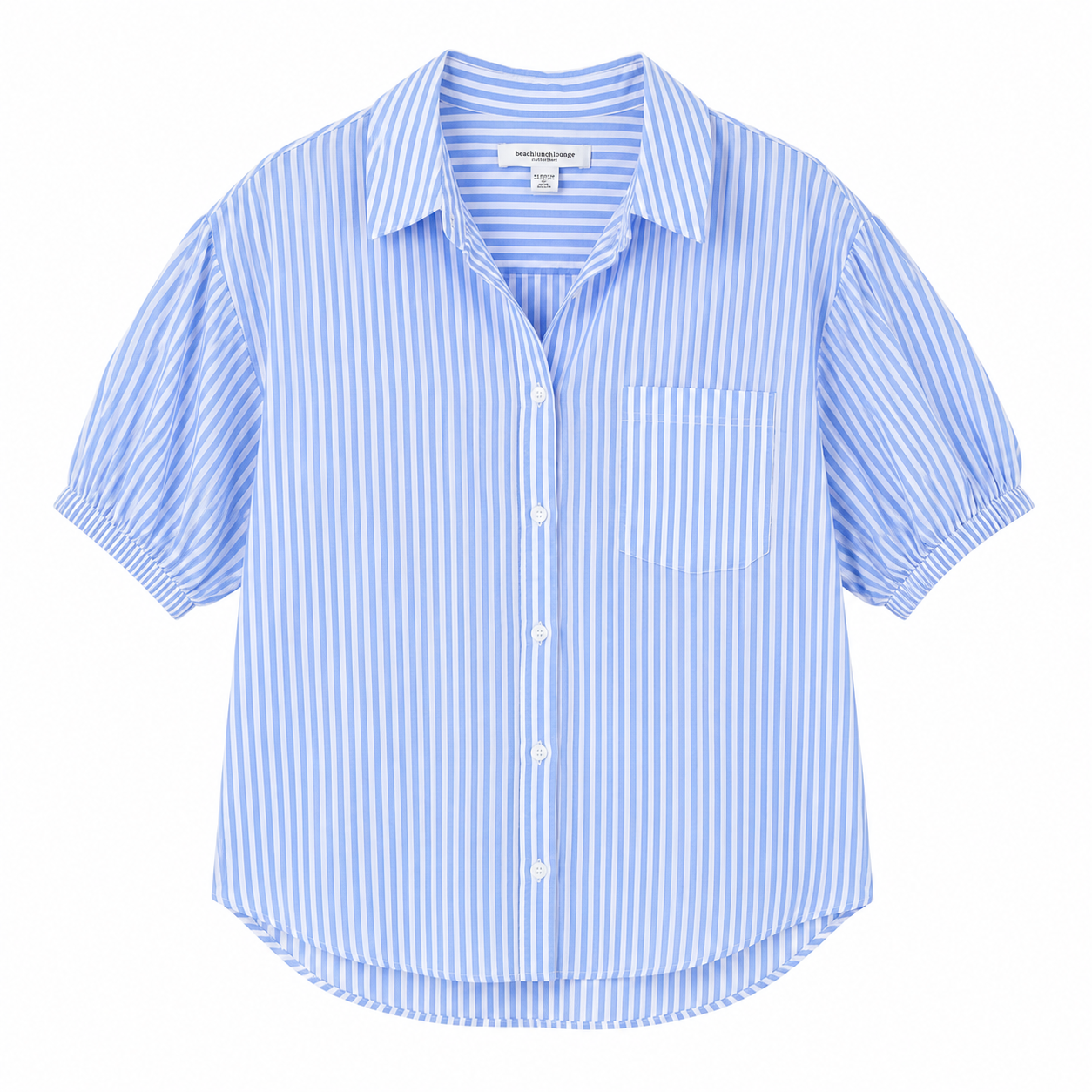 Beach Lunch Lounge -Light blue and white striped short-sleeved button shirt