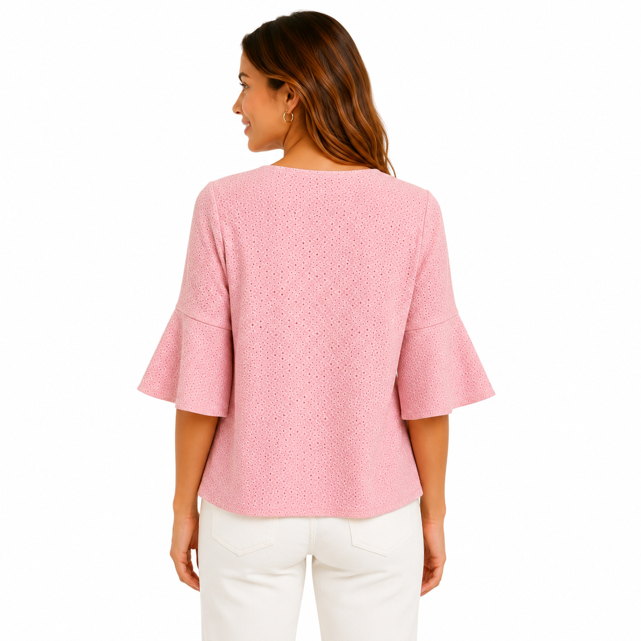 Kasper brand blouse is pink and has an English embroidery design