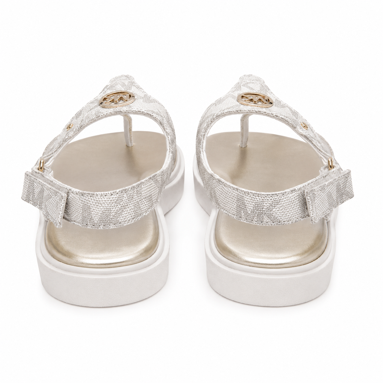 Michael Kors sandals model Val with logo print and golden metal plate.