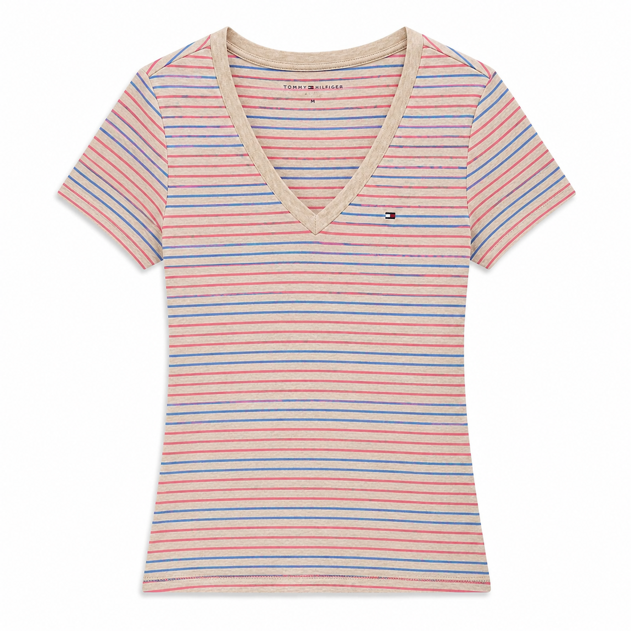 Tommy Hilfiger t-shirt features a multicolored striped design and a beige V-neck