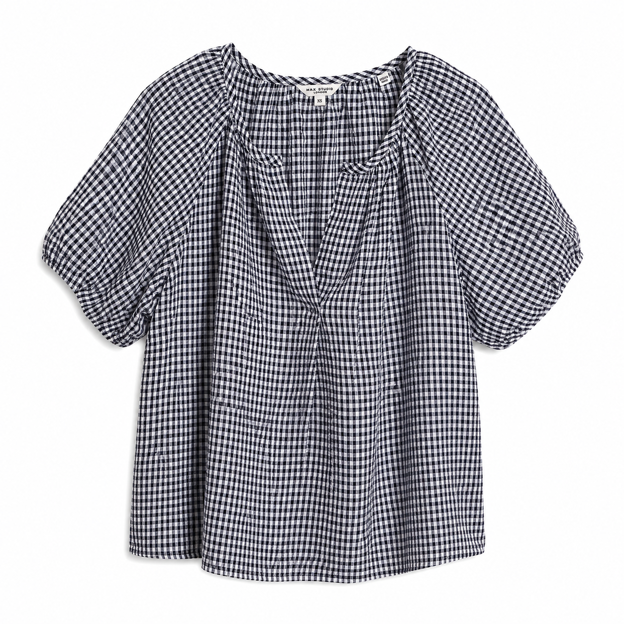 MAX STUDIO-Wide collar blouse and bulging sleeves in black and white vichy (gingham) check print