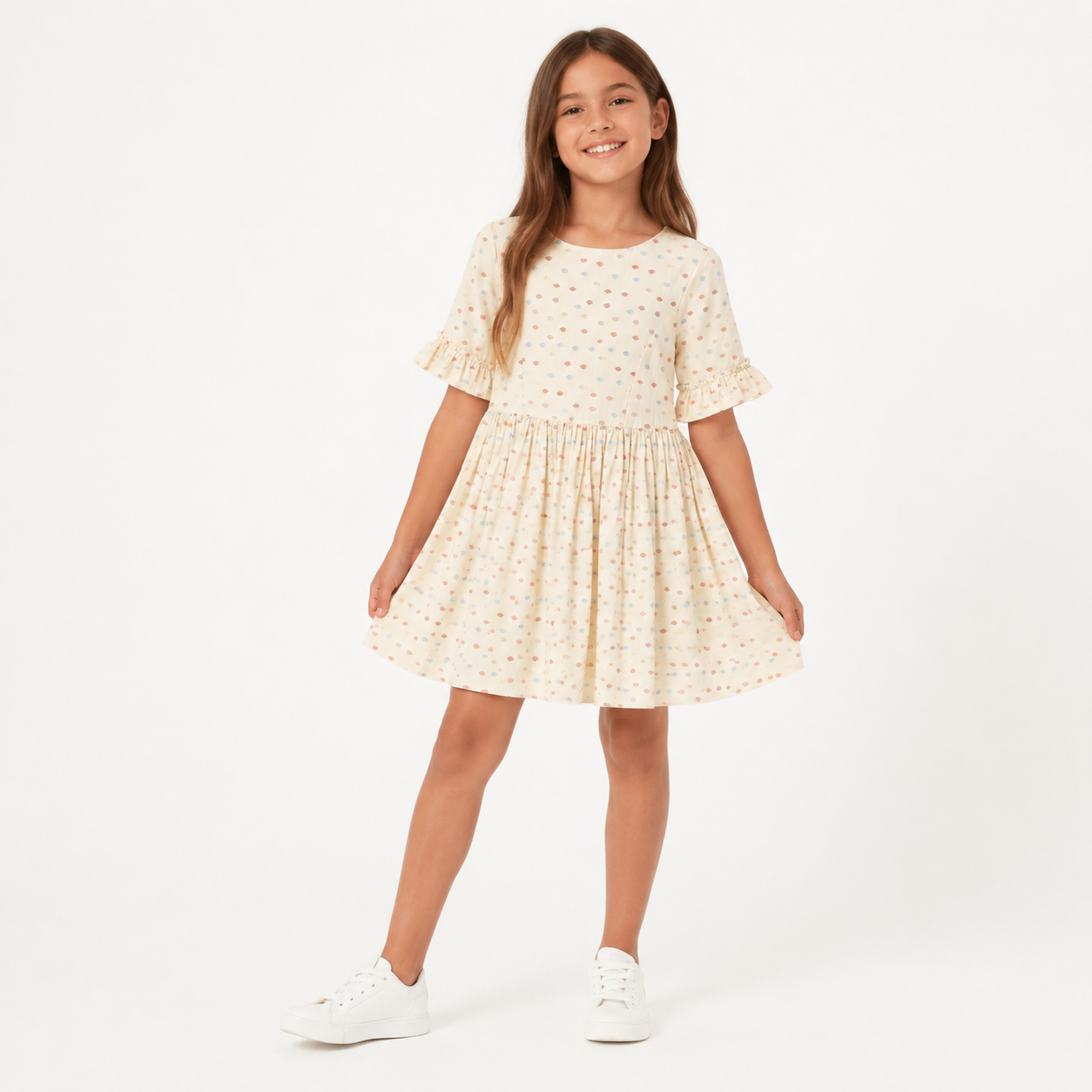 Gymboree dress for girls features a colorful dotted pattern and ruffled short sleeves