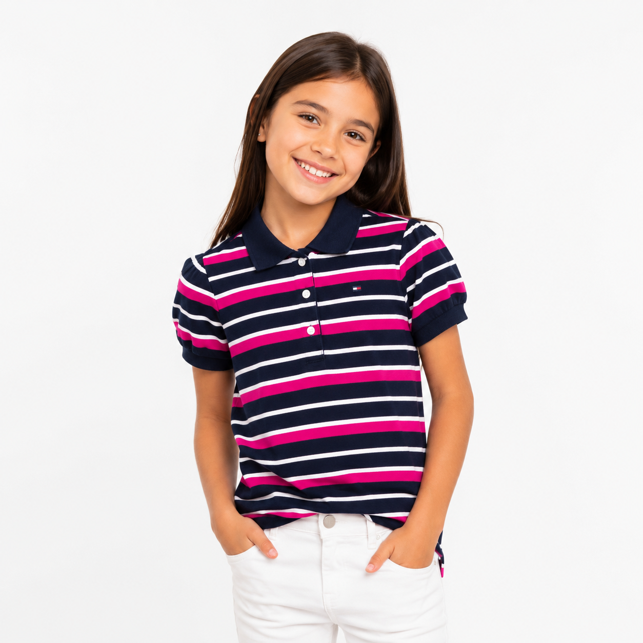 Tommy Hilfiger kids' stripe puff sleeve stretch polo