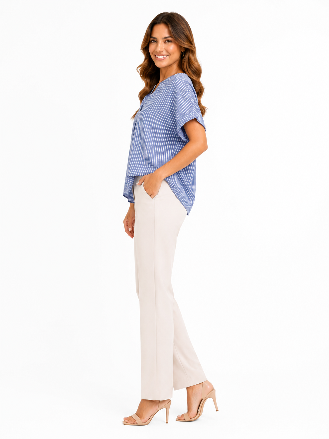STUDIO WEST-Blue Studio West blouse with a white striped pattern and V-neck