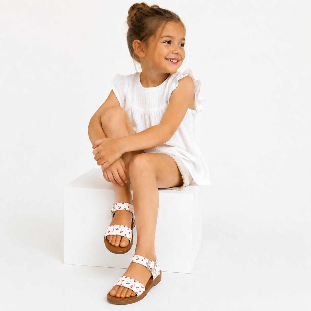 Madden Girl white cherry print sandals and adjustable ankle straps