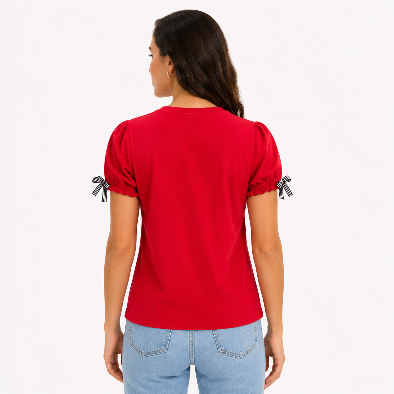 Tommy Hilfiger red t-shirt features puffy sleeves with striped bows