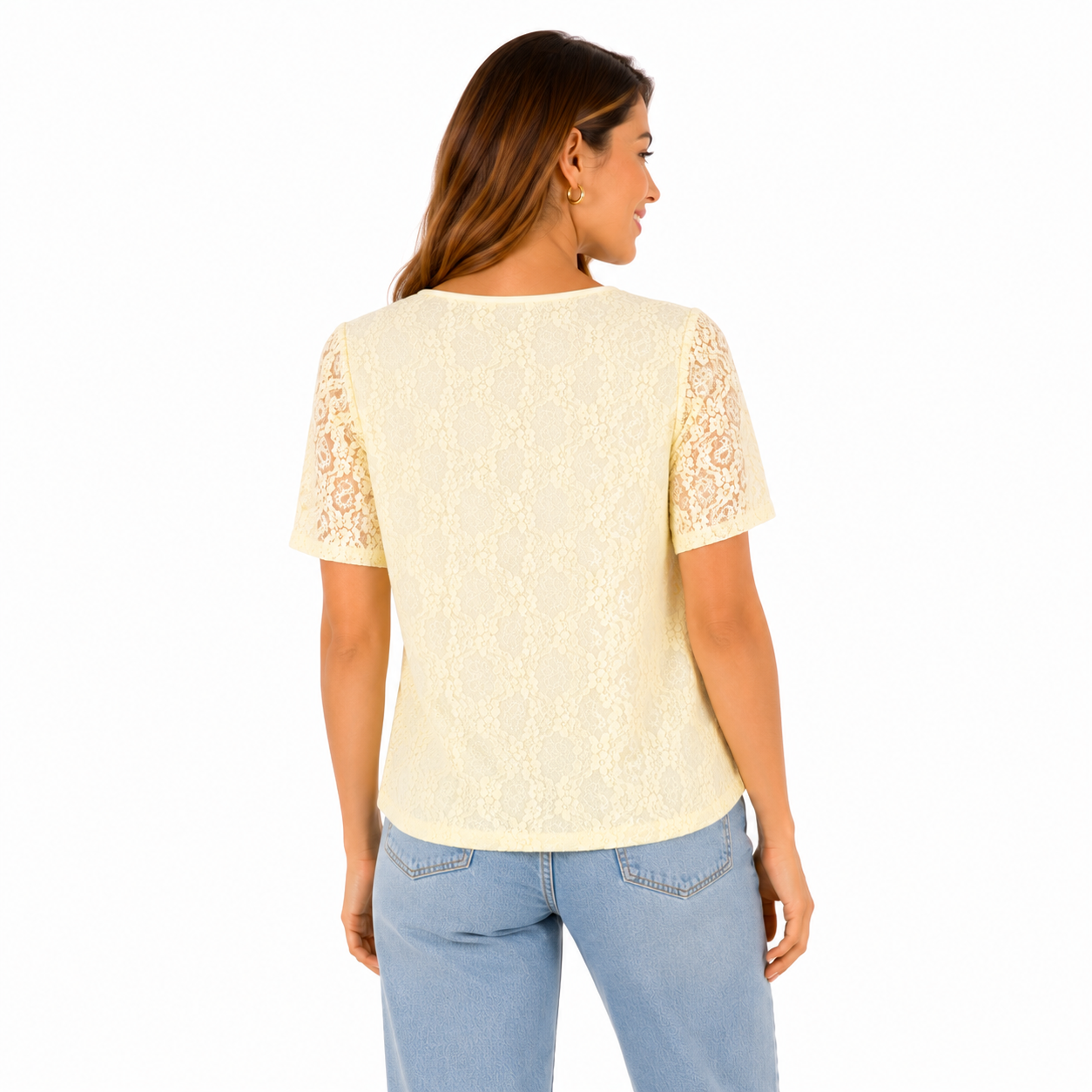 Calvin Klein lace blouse features a delicate yellow floral design
