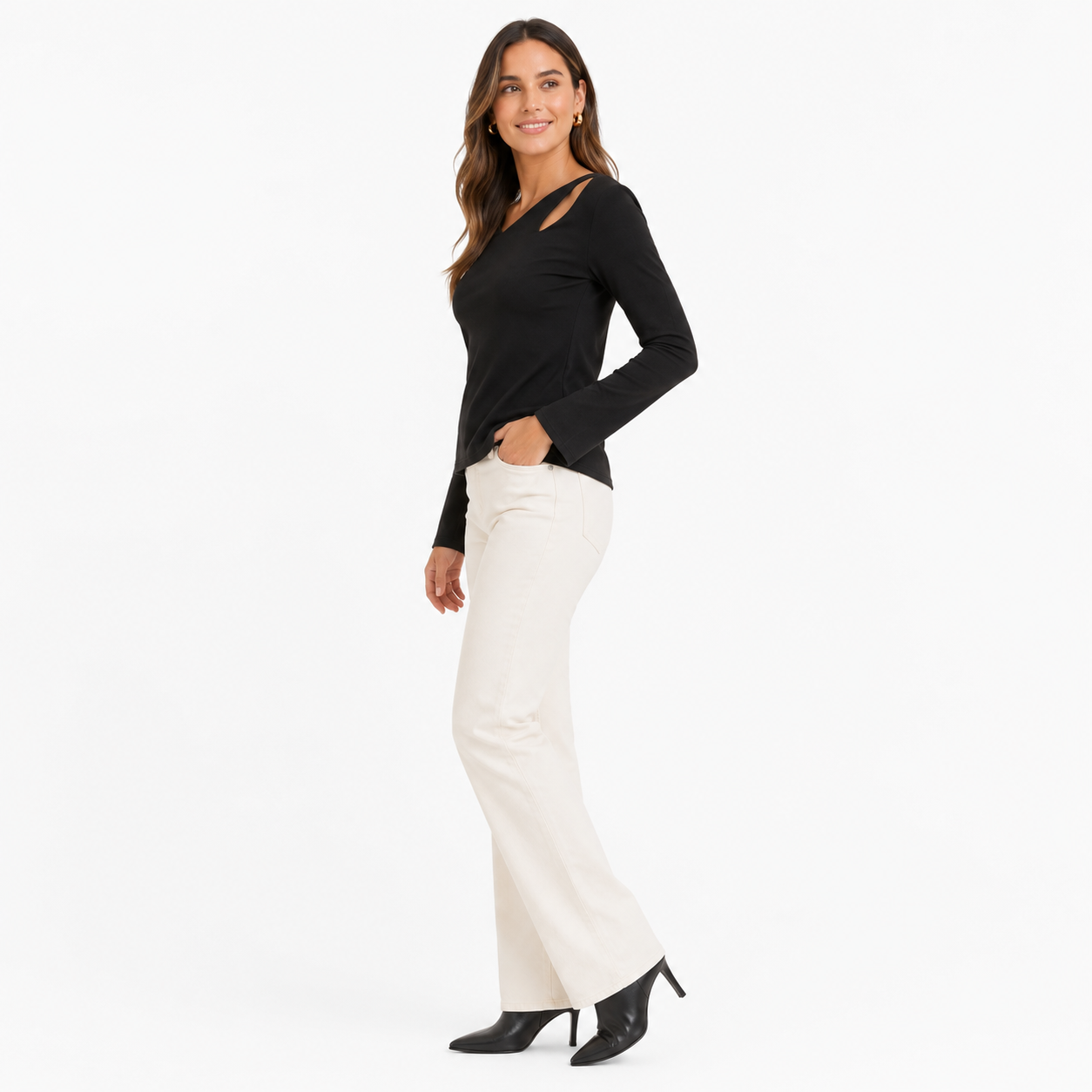 KAKTUS-Black long-sleeved blouse with an opening detail (cutout