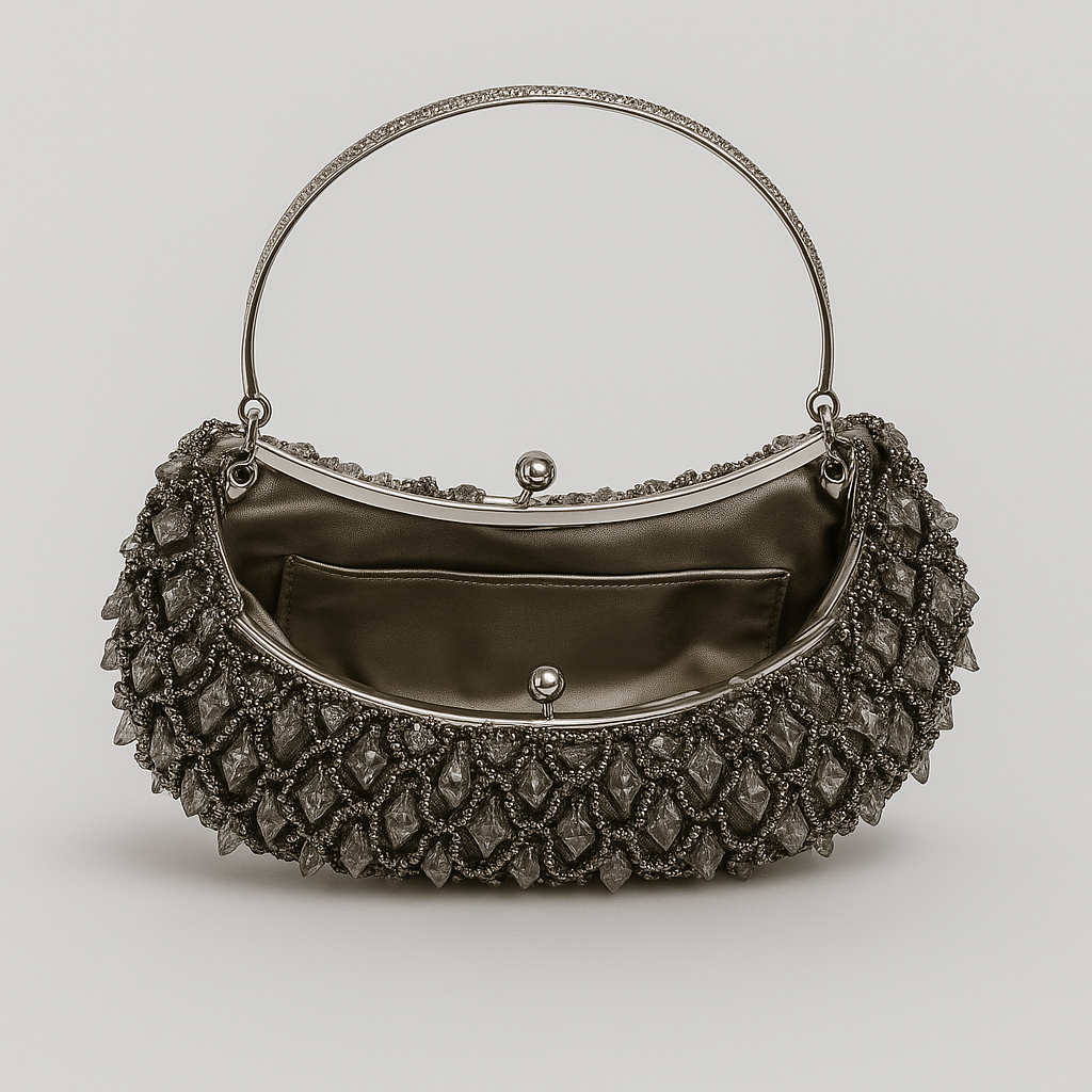 Prezzo Mink color-silver tone handle Sequins beads crystals clutch bag purse