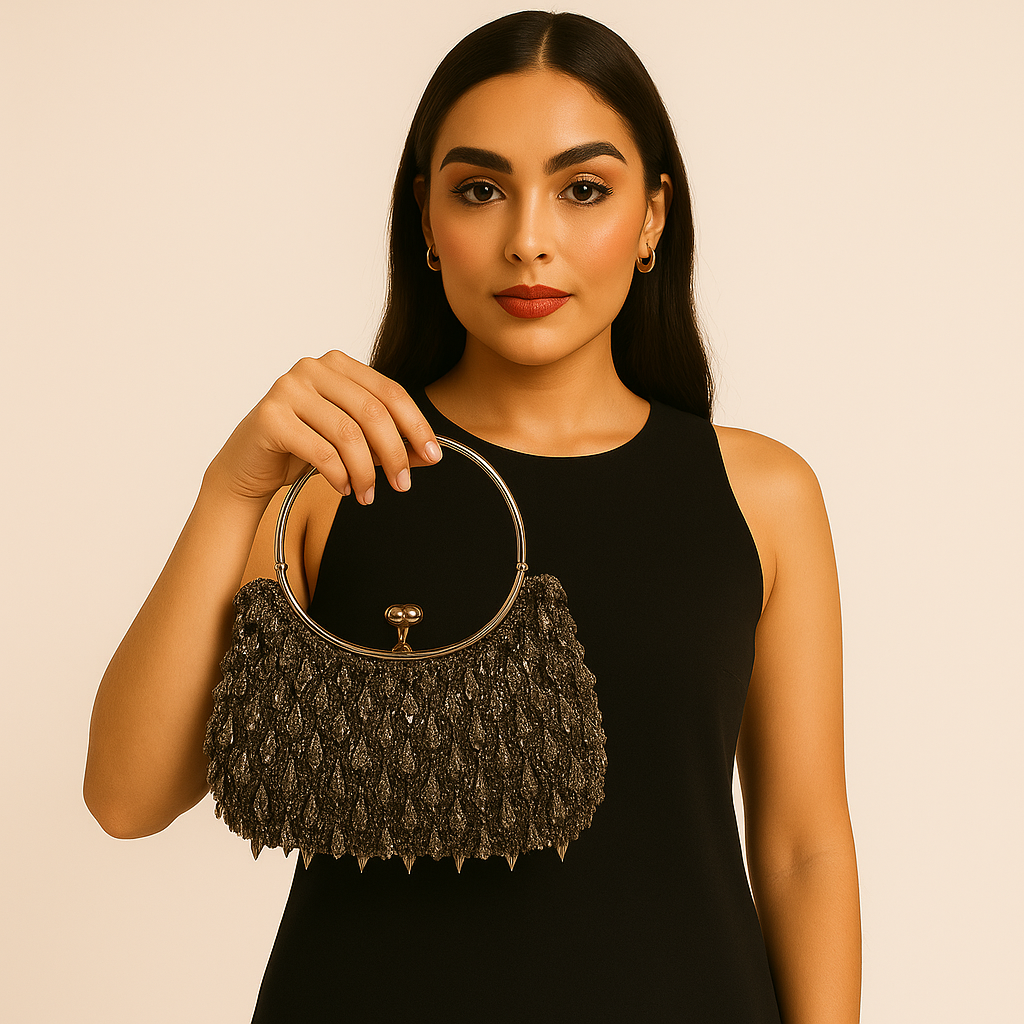 Prezzo Mink color-silver tone handle Sequins beads crystals clutch bag purse