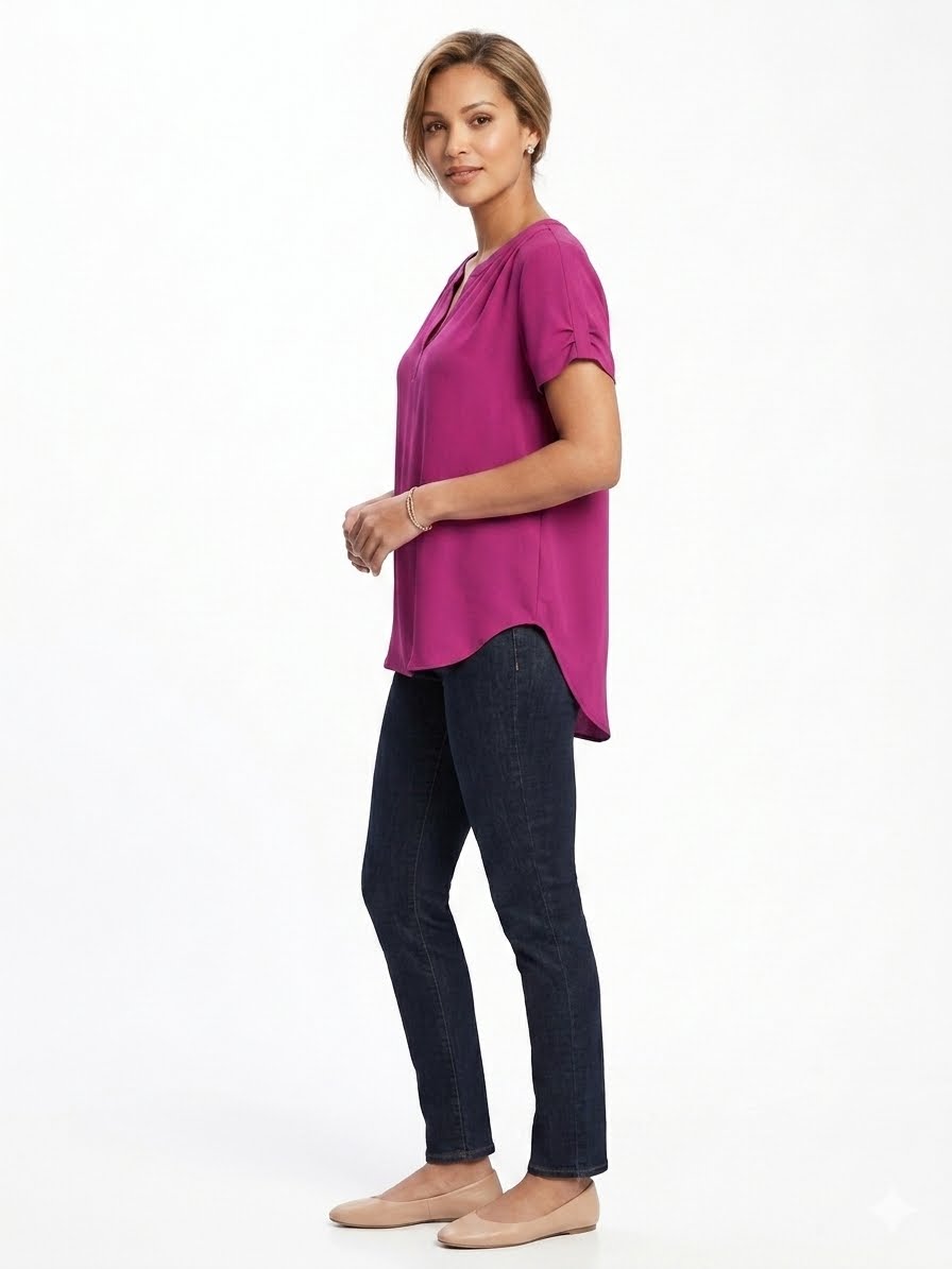 Pleione Women's Top Blouse Split Neck Cuffs Sleeve