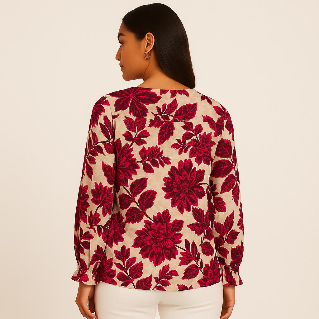 Cupio Floral Print Ruffle Neck Top