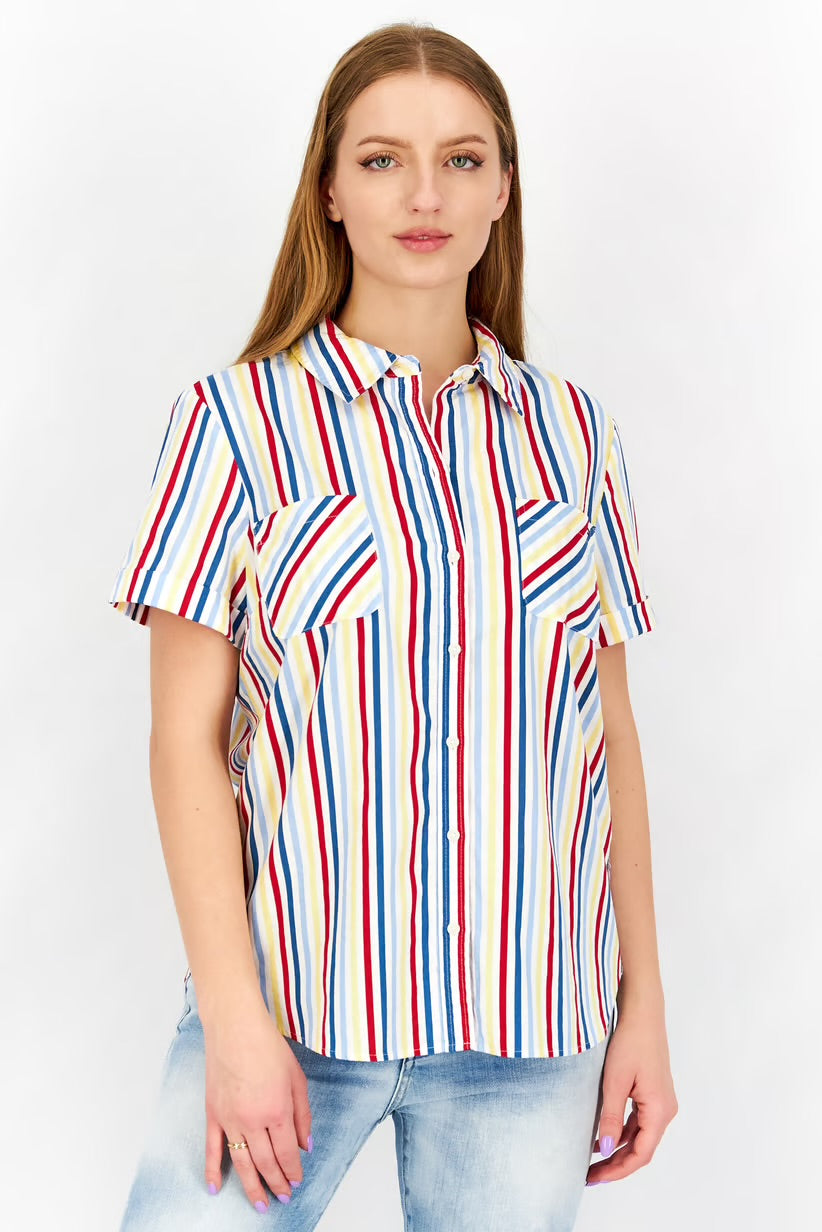 Tommy Hilfiger Women Spread Neck Short Sleeves Stripe Camp Button Down Shirt