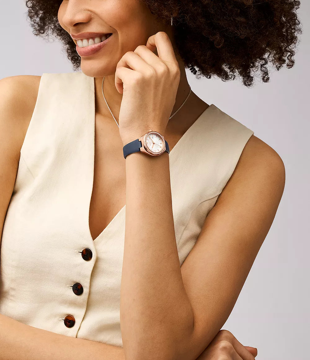 Fossil Eevie Three-Hand Date Navy Leather Watch