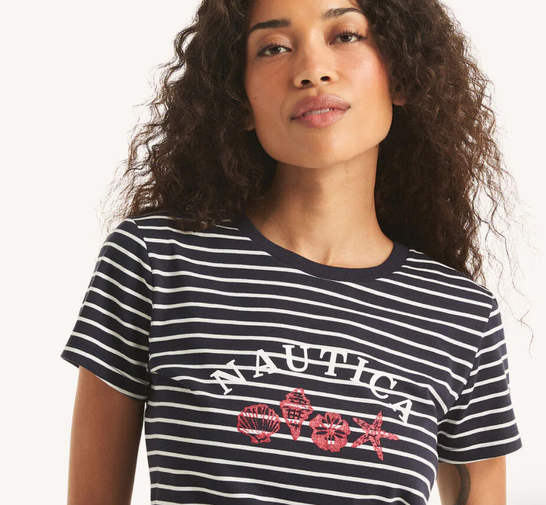 Náutica Striped Shell Glitter Graphic T-Shirt