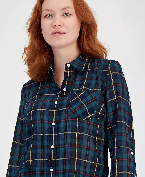 Tommy Hilfiger Women's Plaid Roll-Tab-Sleeve Button-Down Shirt