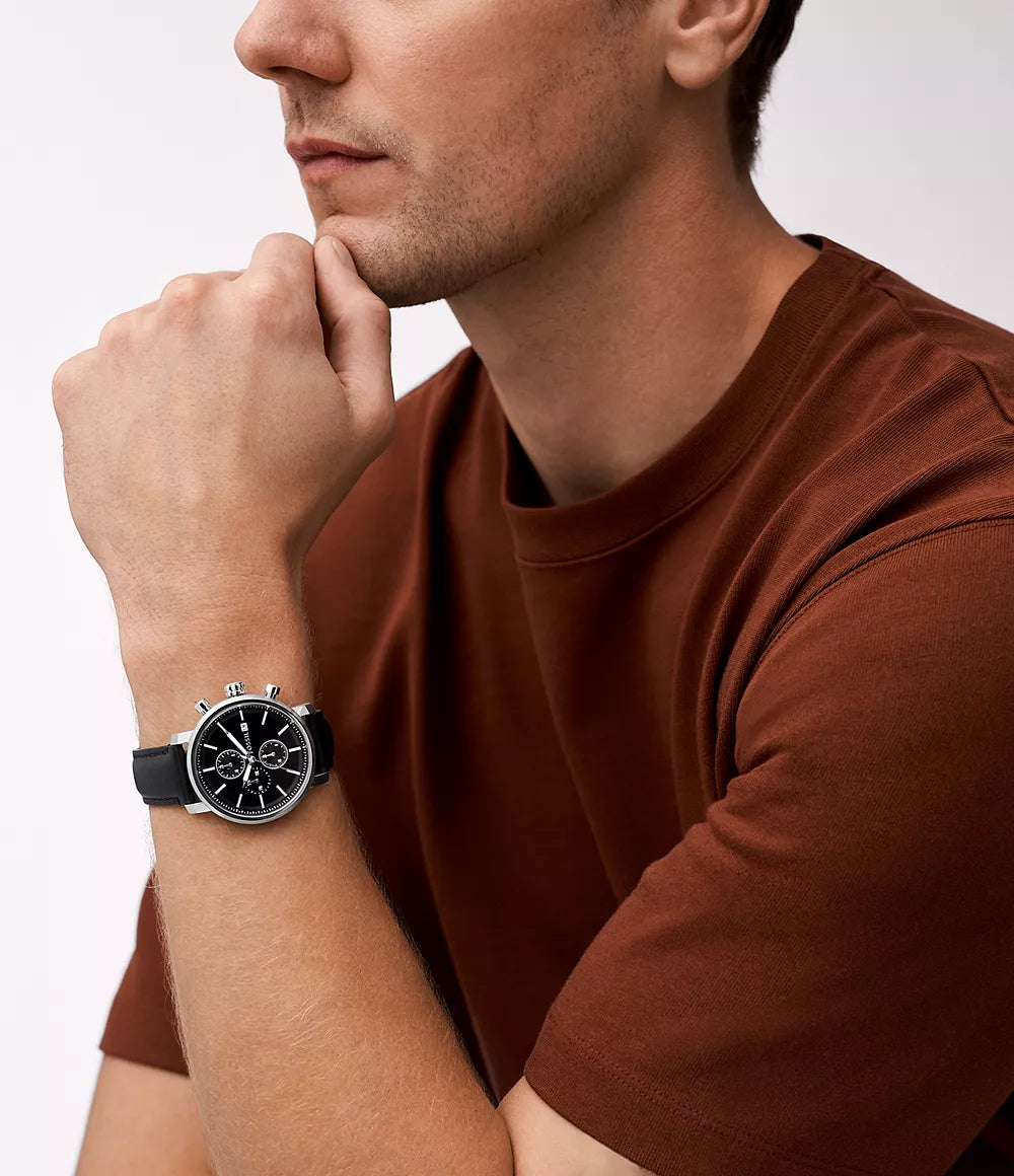 Fossil Rhett Multifunction Black LiteHide Leather Watch