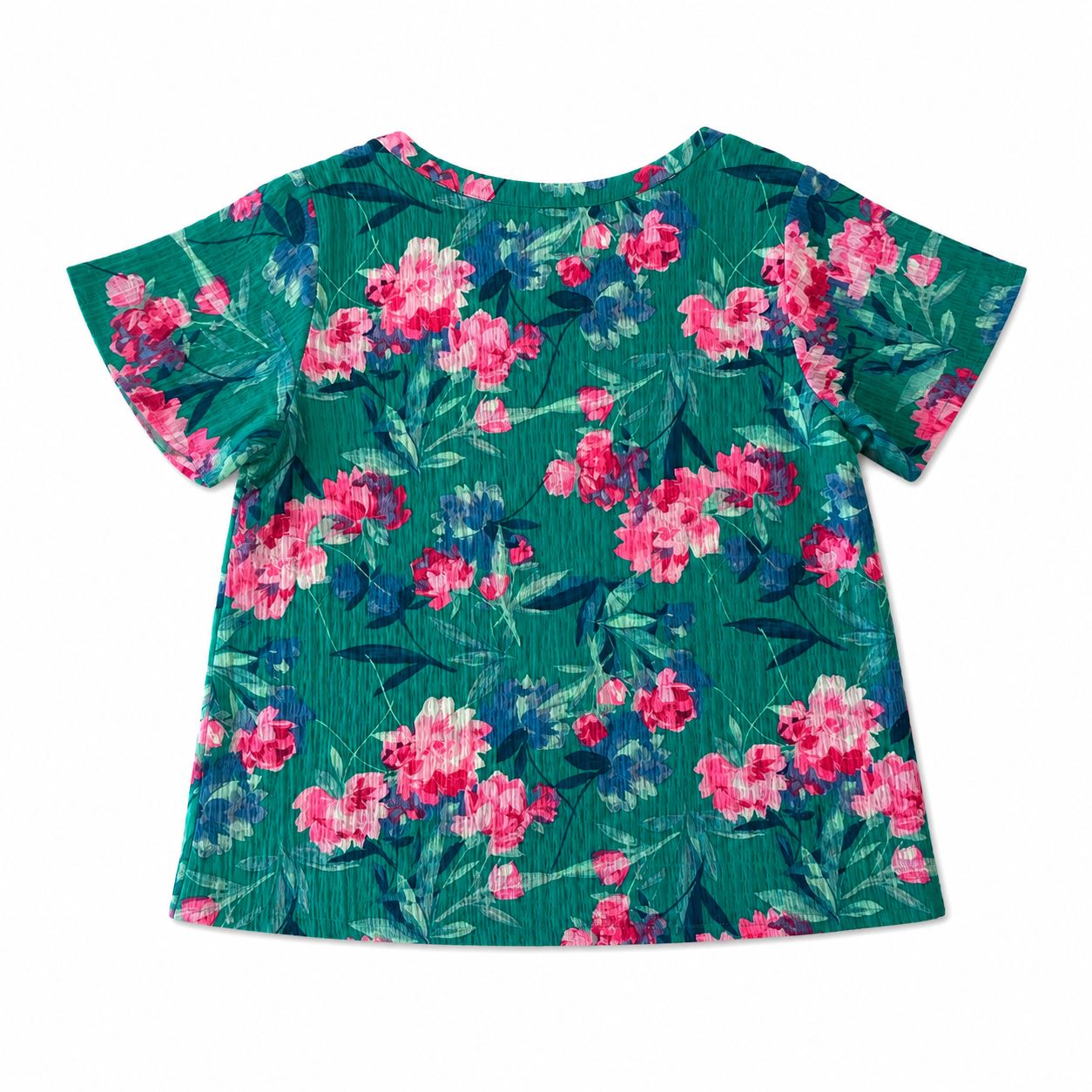 Counterparts blouse with emerald green tropical floral print and short sleeves