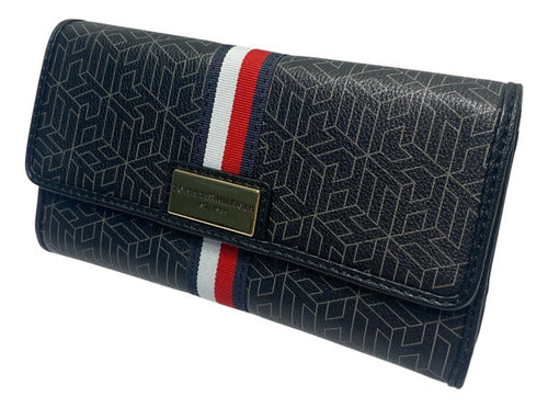 Cartera Tommy Hilfiger Negra Monedero Placa Dorada Logo M166 Negro Monograma Th