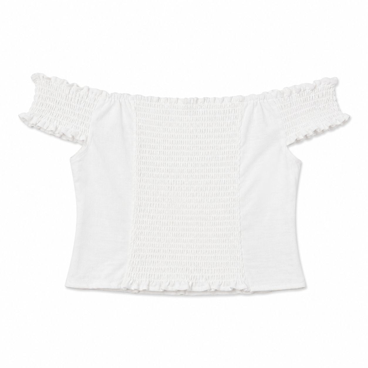 Kirious Off-the-shoulder white crop top with ruffle details and front buttons