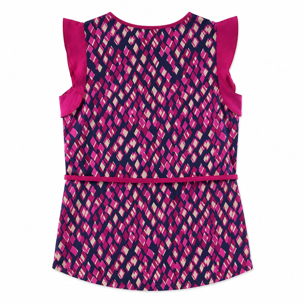 Tommy Hilfiger sleeveless blouse with geometric print in fuchsia and navy blue and bow detail at the waist