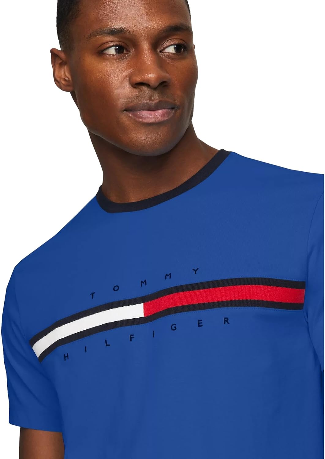 TOMMY HILFIGER Camiseta de cuello redondo bordada con bandera de ajuste regular para hombre,