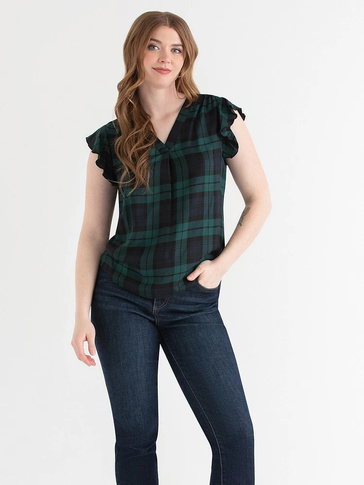 Tommy Hilfiger Women's Plaid short sleeve blouse Tie-Neck Gown