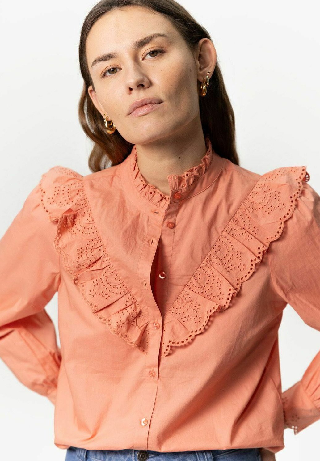 Versona Iconic Embellished Shirt with Ruffles and Long Puff Sleeves