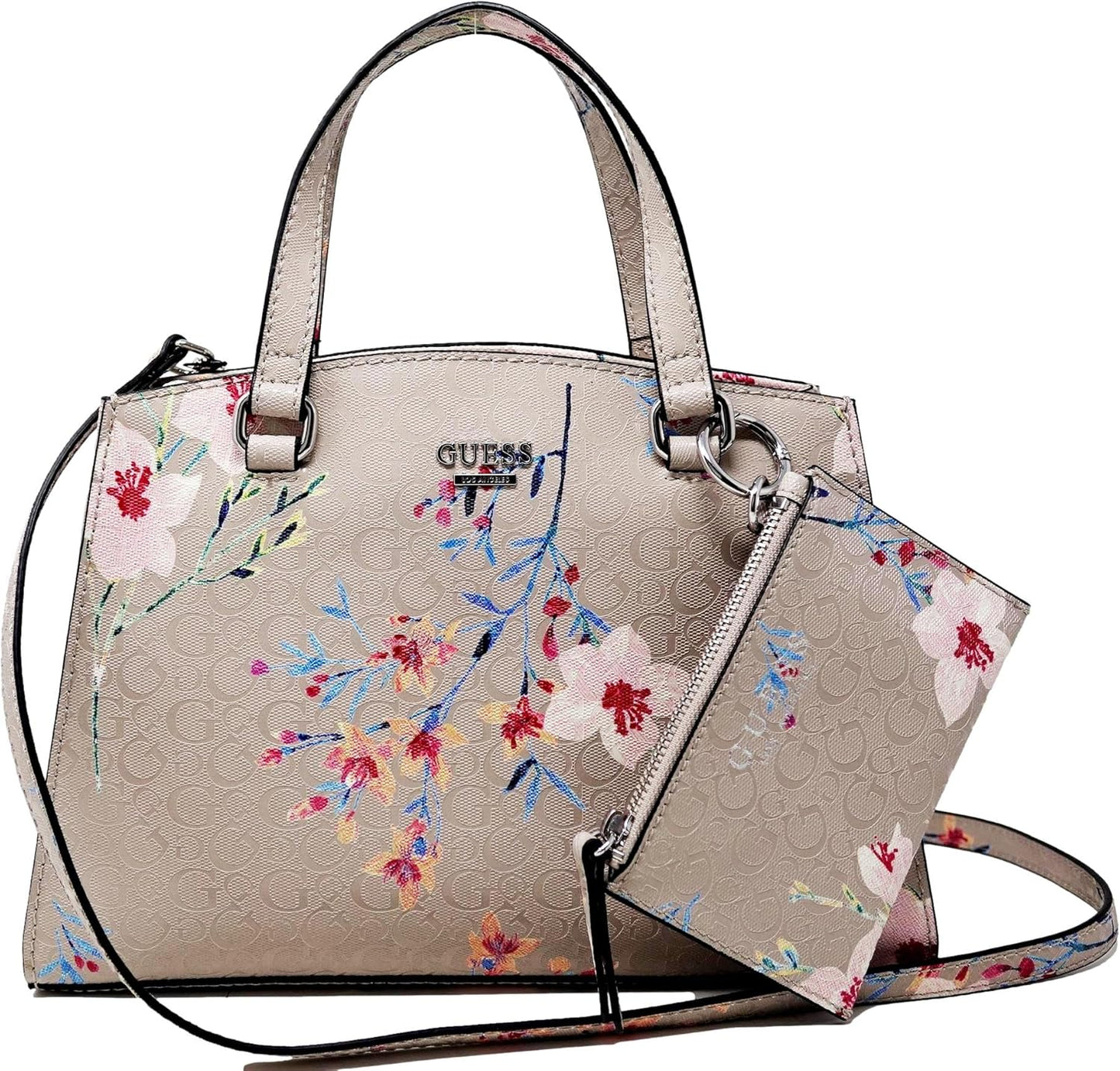 Guess Women's Patent Logo Debossed Pink Floral Print Satchel Crossbody Handbag + Pouch