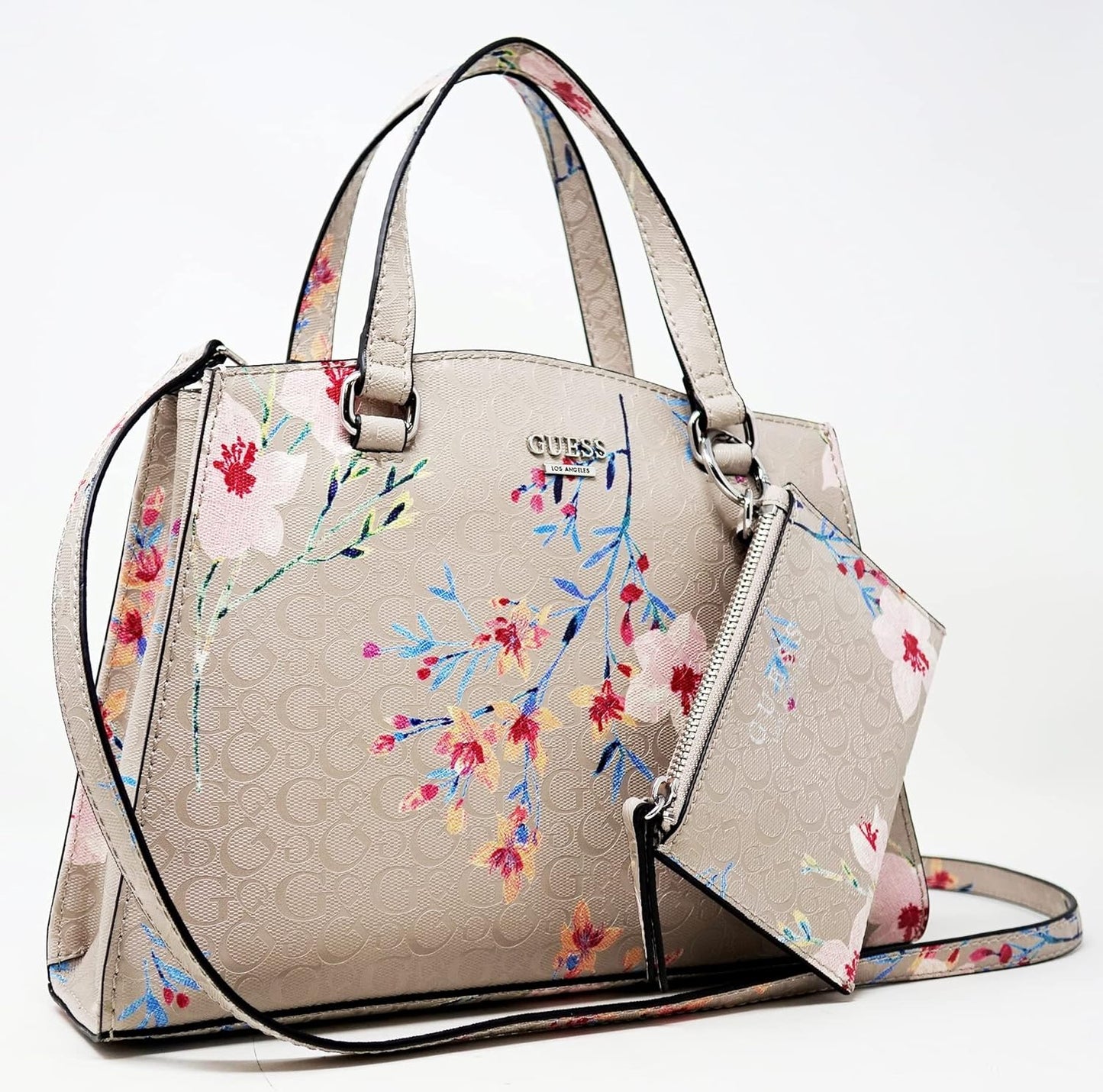 Guess Women's Patent Logo Debossed Pink Floral Print Satchel Crossbody Handbag + Pouch