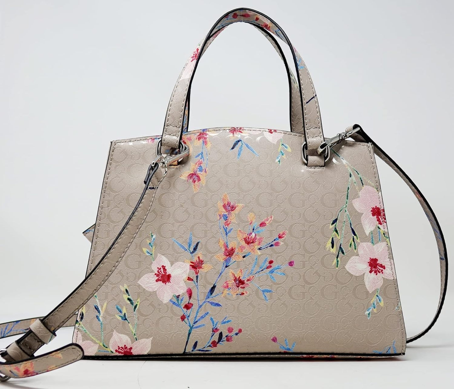 Guess Women's Patent Logo Debossed Pink Floral Print Satchel Crossbody Handbag + Pouch