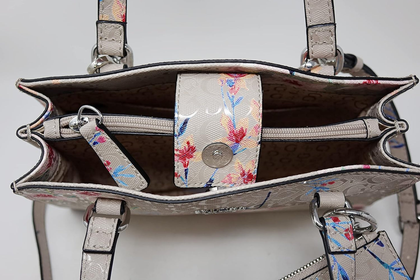 Guess Women's Patent Logo Debossed Pink Floral Print Satchel Crossbody Handbag + Pouch