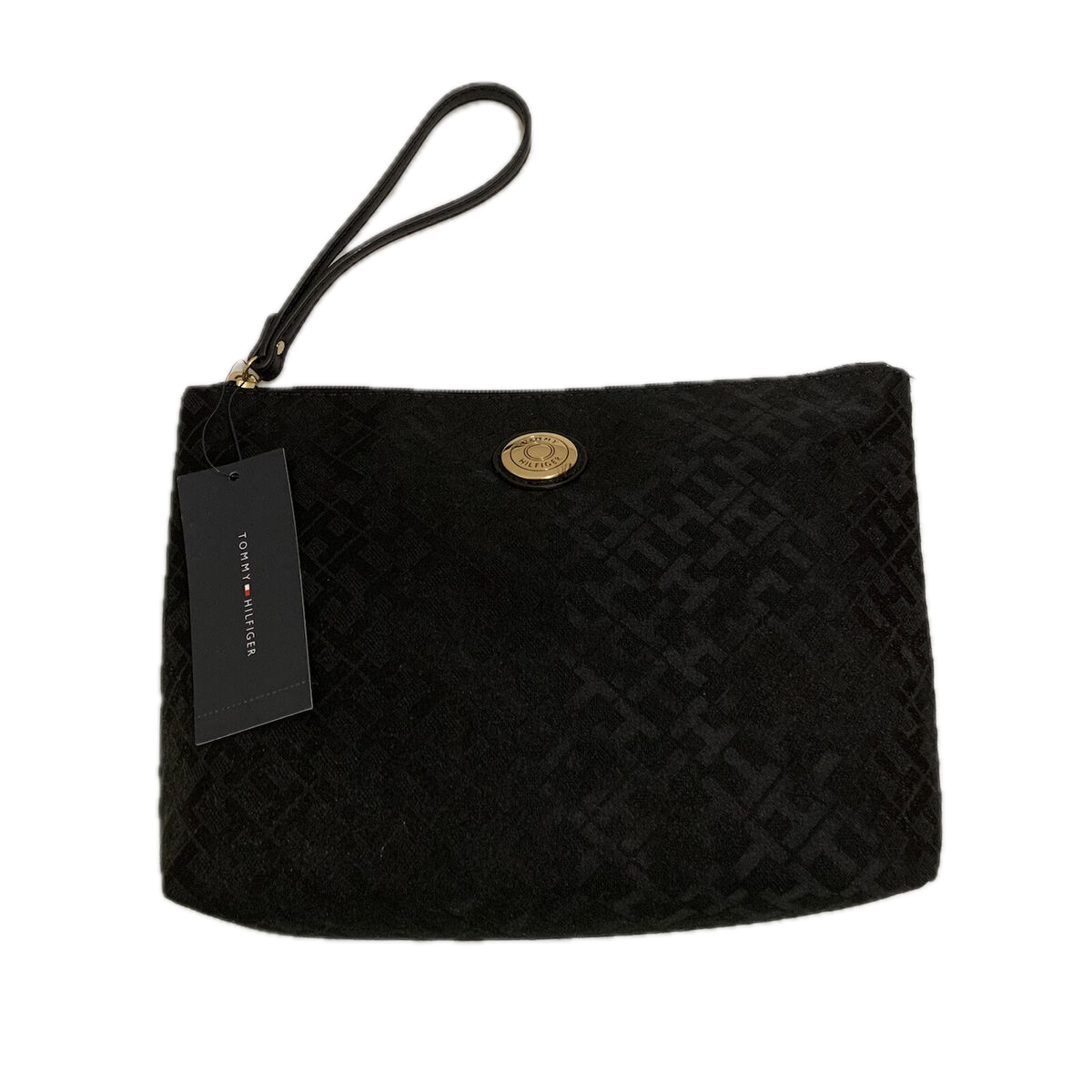 Tommy Hilfiger Black Logo Jacquard Signature Zippered Wristlet Clutch