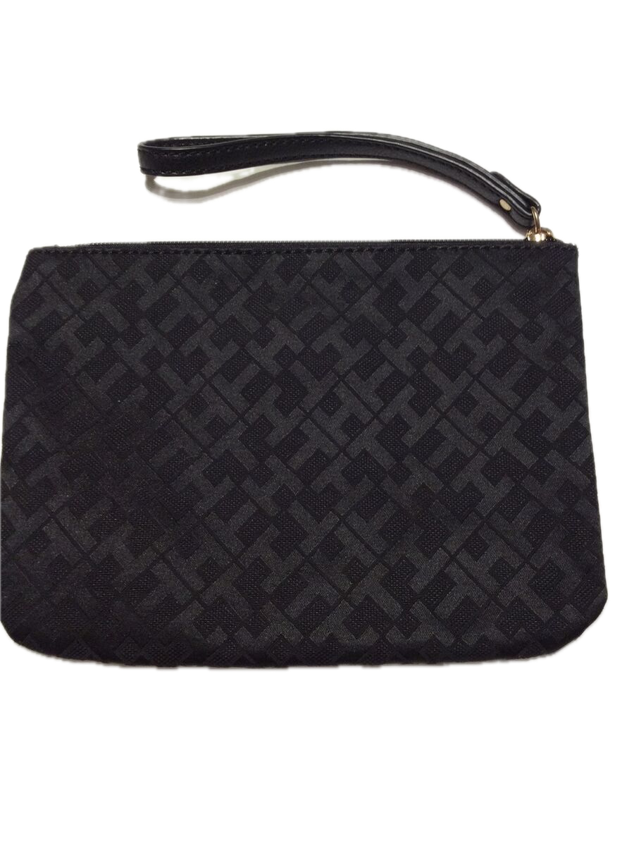Tommy Hilfiger Black Logo Jacquard Signature Zippered Wristlet Clutch
